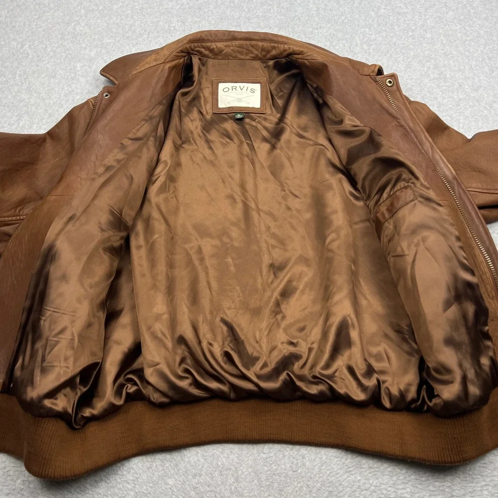 Orvis Bomber Jacket Mens XL Brown Leather A-2 Flight Aviator Lined Heavy Coat